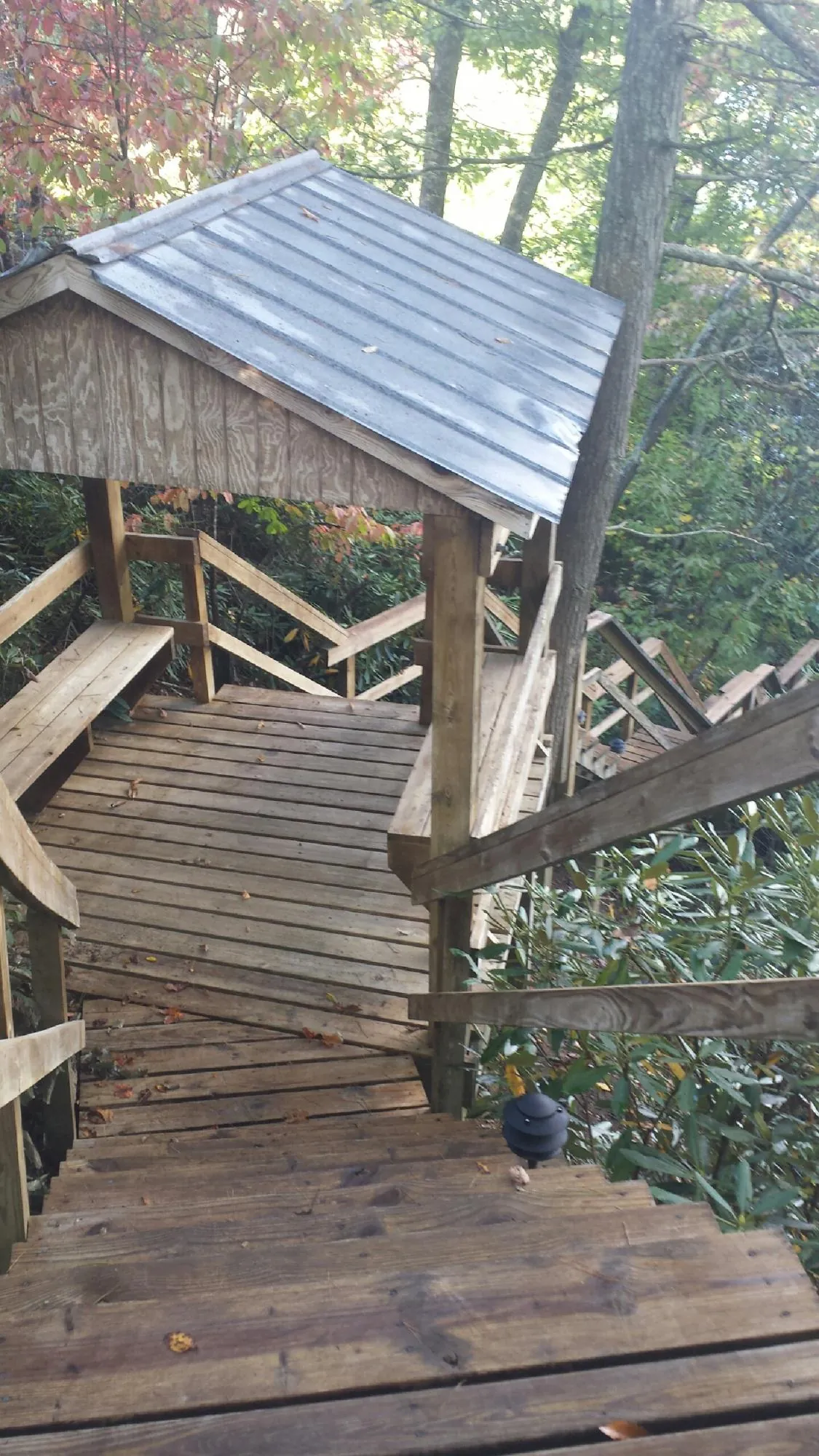 Metal roofed shelter over wooden steps on a wooded walkway — Skylight Repair & Installation work by our crew in Salix
